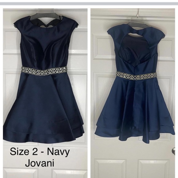 Jovani Dresses & Skirts - Jovani Navy Beaded-Waist Fit-and-Flare Modest Cocktail, Appearance Dress Size 2